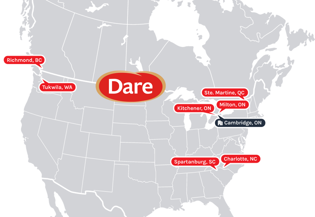 Map of Canada and the US showing Dare Foods locations